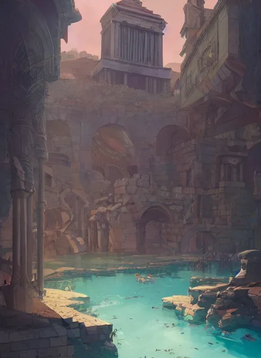 Prompt: a giant roman undamaged city, glorious, epic scene, beautiful, pools, vegetation, in the style of artgerm, gerald brom, atey ghailan and mike mignola, vibrant colors and hard shadows and strong rim light, plain background, comic cover art, trending on artstation