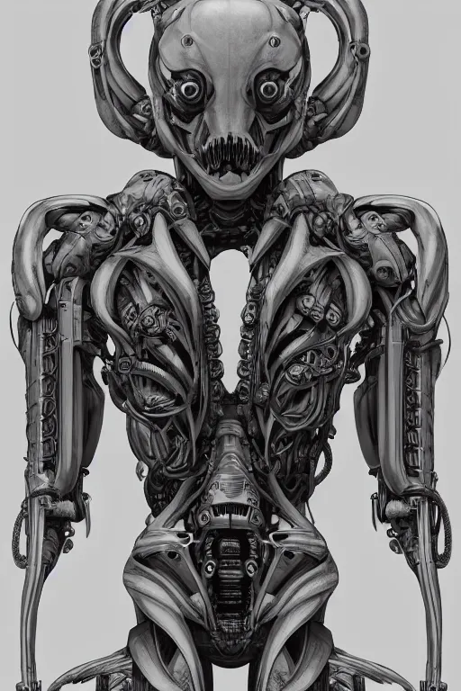 Prompt: very symmetrical!! cyborg space octopus with gunmetal grey skin, muscular system diagram, cyberpunk face, highly detailed, japanese, mecha asthetic, mechanical implants, three - view reference sheet ( front / back / side ), in the style of dan ouellette, dren from splice, hr giger, sil from species, artstation, unreal engine