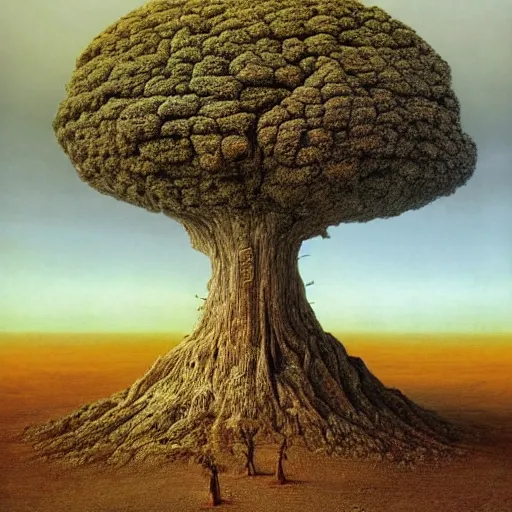 Prompt: A 10,000 year old tree, based on the golden ratio, with a symmetrical landscape, perfect balance, by Steve McCurry and Beksinski