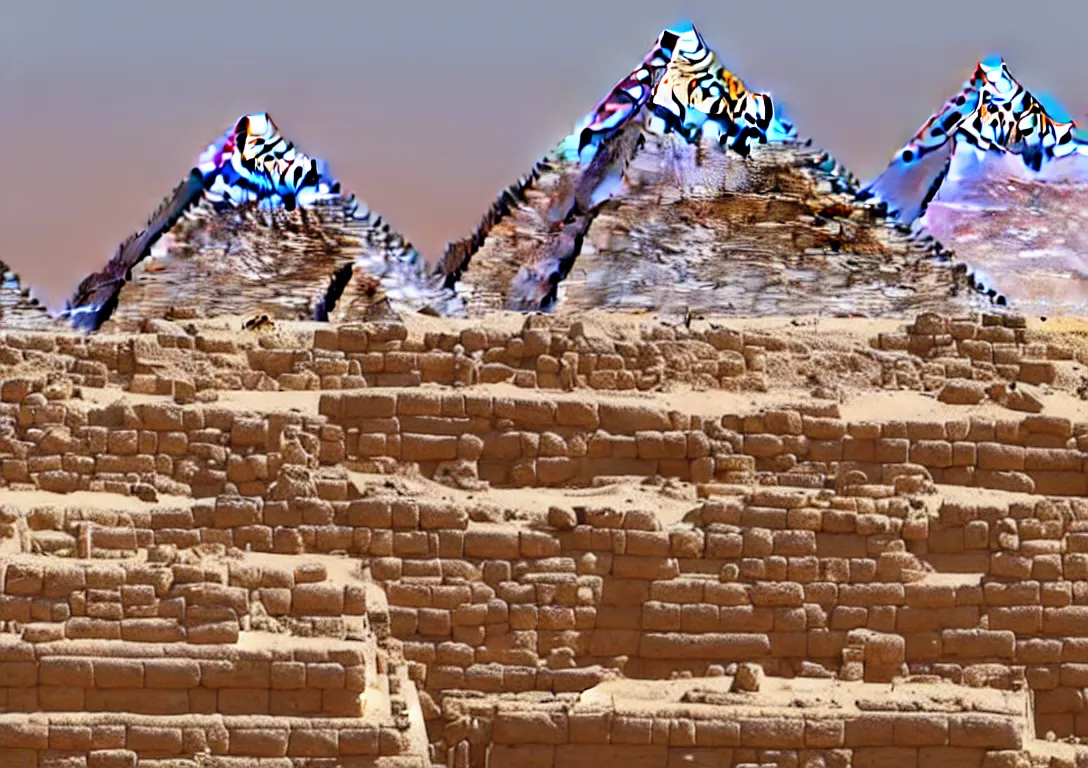 Prompt: Great Pyramids turning into gigantic robots with lasers in Egypt. Photorealistic. Intricate details.