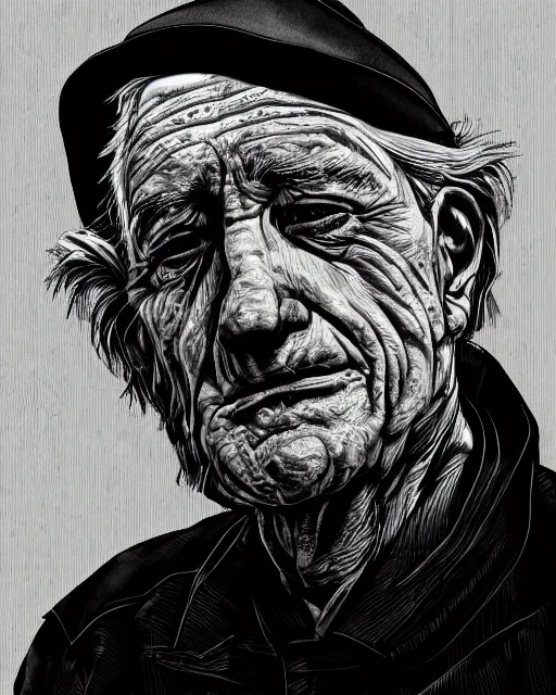 Image similar to closeup portrait of a dirty tired old man man standing on a bridge, detailed illustration, digital art, trending on artstation, martin ansin, b & w,