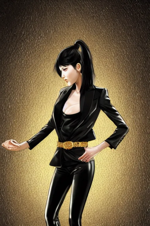 Image similar to yakuza slim girl, gold suit jacket in snake print, jacket over bare torso, yakuza tattoo on body, black short curtain haircut, black leather pants with black belt, portrait, elegant, 2d, ultra highly detailed, digital painting, smooth, sharp focus, artstation, art by Ilya Kuvshinov, rossdraws