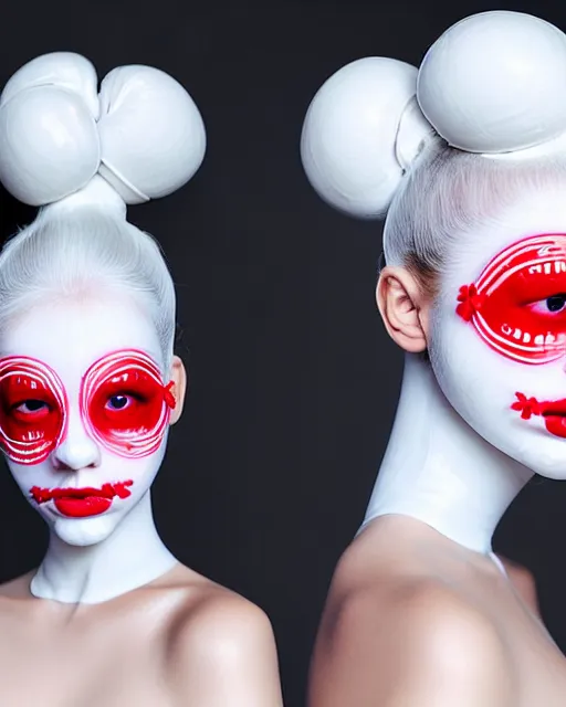 Prompt: symmetrical portrait of a woman wearing a white embroidered translucent silicone mask and white frizzy hair buns, wearing a silicone white bodysuit, red background, soft diffused light, biotechnology, futuristic aesthetic, translucent, ethereal, intricate details, highly detailed, masterpiece,