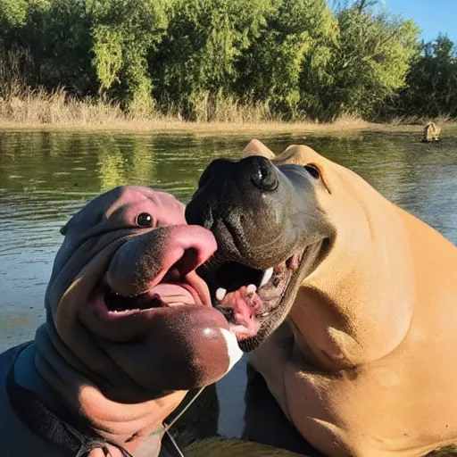 Prompt: photo of dog an hippopotamus taking a selfie