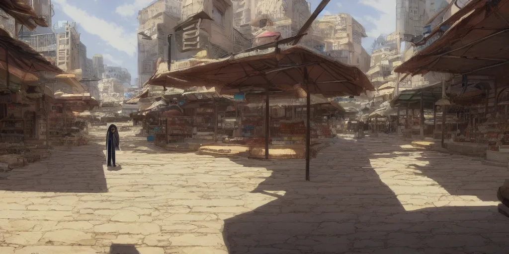 Image similar to an empty arabian marketplace with no people in biblical times by makoto shinkai