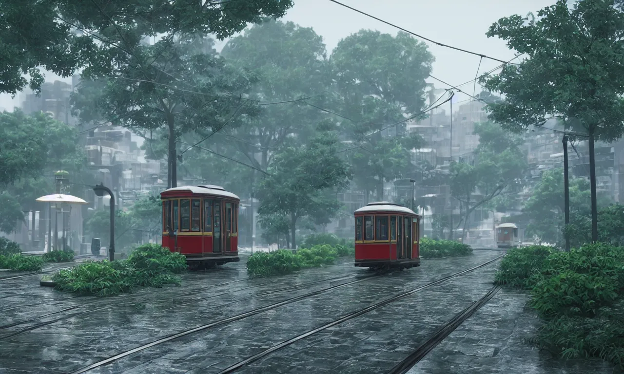Prompt: the tram, by makoto shinkai, the weather drizzly, moist, the movie the garden of words, 8 k, unreal engine