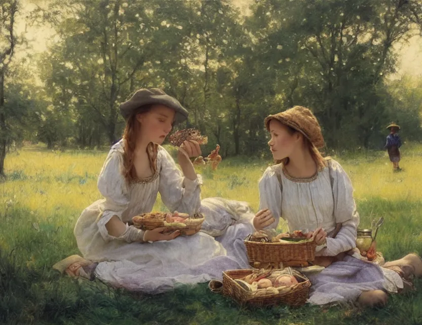 Prompt: 2 peasant girl on a picnic, cottage core, cinematic focus, polaroid photo bleached vintage pastel colors high - key lighting, soft light, foggy, by steve hanks, by lisa yuskavage, by serov valentin, by tarkovsky, 8 k render, detailed, oil on canvas