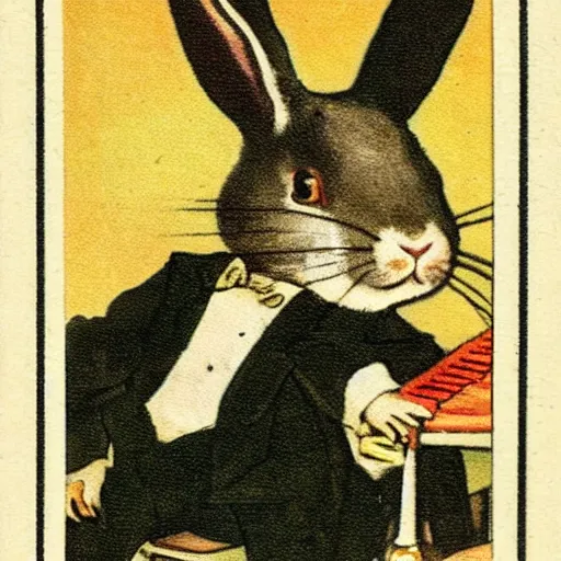 Image similar to a 1 9 1 0 s postcard showing a famous rabbit dressed as beethoven