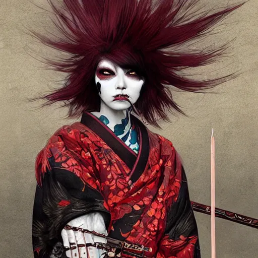 Image similar to an epic portrait of insane kabuki wielding a spear, magical aura of insanity, intricate hakama, poofy red wig, eerie, highly detailed, dark fantasy, art by artgerm and greg rutkowski