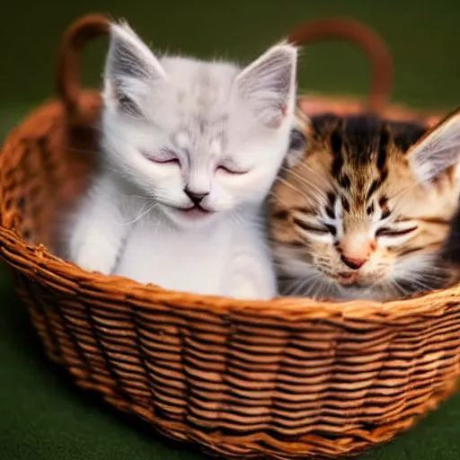 Image similar to two kittens sleeping in a basket, happy, cute