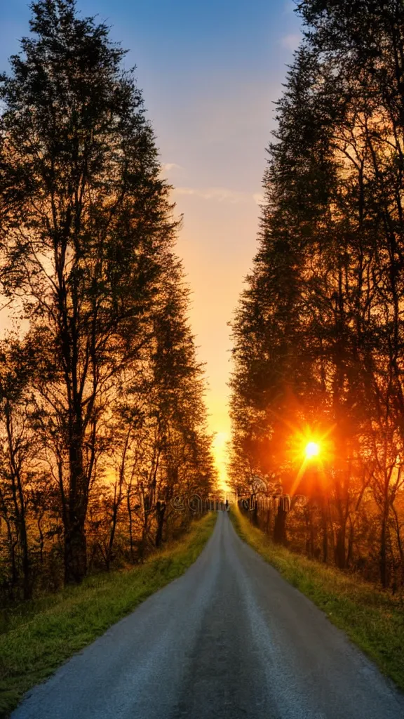 Image similar to beautiful sunset with a rural road of aligned trees, epic stock photo