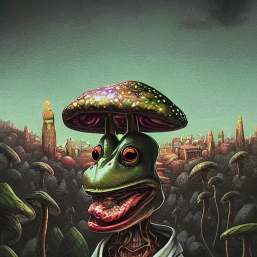 Image similar to A centered waist up portrait of a scary psychedelic godlike anthropomorphic frog smoking tobacco , magic mushroom village in background . award winning. superb resolution. in the art style of junji Ito and greg rutkowski . Detailed Mushroom city in background. Hyper realistic anime. Perfect art. Dalle2