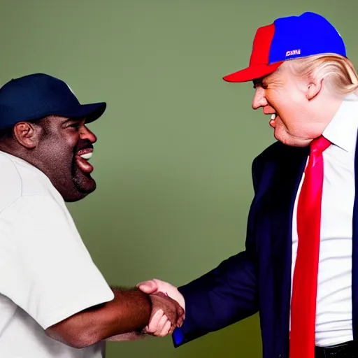 Image similar to patrice o'neal and donald trump shaking hands while smiling and laughing, ultra realistic, 8 k, photorealistic