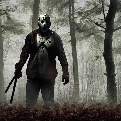 Image similar to A still image of Jason Voorhees in the woods foggy Digital art very detail 4K quality super realistic