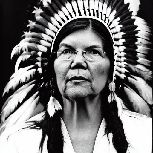 Prompt: the american indian elizabeth warren in a war bonnet lamenting to the the fake news press she is not a man