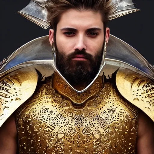 Prompt: Hyper-realistic photo of the King of the Desert, Gold Armour suit, Sword, handsome attractive face, attractive young man, beautiful face, dramatic lighting, majestic, D&D, fantasy, elegant, intricate, highly detailed, digital painting, concept art, sharp focus, illustration, trending on artstation, art by artgerm and greg rutkowski and alphonse mucha