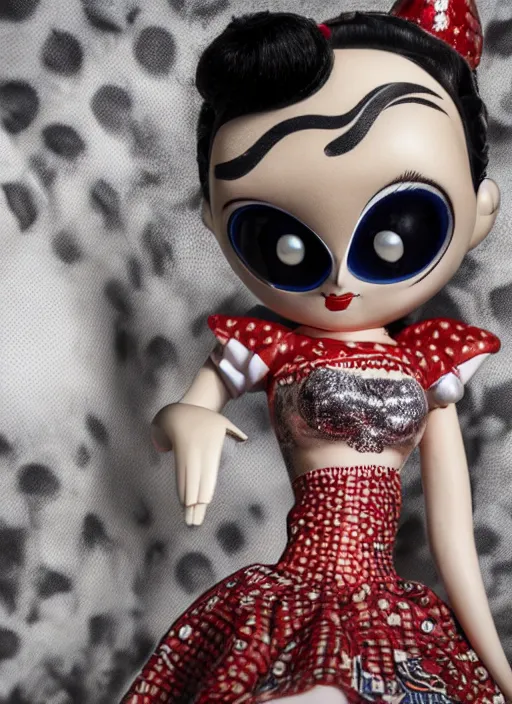 Prompt: closeup of a tin toy betty boop, depth of field, zeiss lens, detailed, symmetrical, centered, fashion photoshoot, by nicoletta ceccoli, mark ryden, lostfish, earl nore, hyung tae, frank frazetta, breathtaking, 8 k resolution, extremely detailed, beautiful, establishing shot, artistic, hyperrealistic, octane render