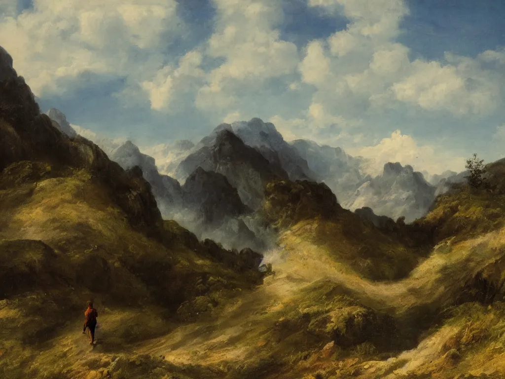 Image similar to A traveler wandering trough the mountains looking at the clouds, neo-romanticism