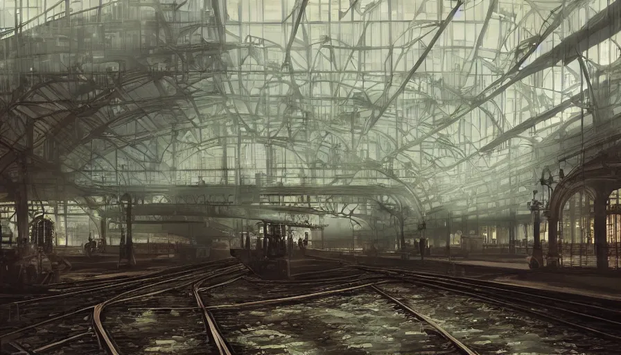Image similar to Dieselpunk railway station, anamorphic lens, steam, epic composition, intricate, elegant, volumetric lighting, digital painting, highly detailed, artstation, sharp focus, illustration, concept art, ruan jia, steve mccurry