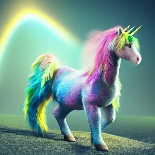 Image similar to full body pose, hyperrealistic photograph of a cute fuzzy rainbow unicorn, dim volumetric lighting, 8 k, octane beautifully detailed render, extremely hyper detailed, intricate, epic composition, cinematic lighting, masterpiece, trending on artstation, very very detailed, stunning, hdr, smooth, sharp focus, high resolution, award, winning photo, dslr, 5 0 mm