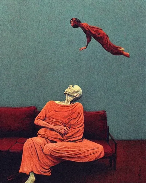 Image similar to early color photo of an old dead couple sitting on a couch in an old soviet apartment and looking at the scared enlightened boy flying up in sky, Beksinski impasto painting, part by Adrian Ghenie and Gerhard Richter. art by Takato Yamamoto, masterpiece