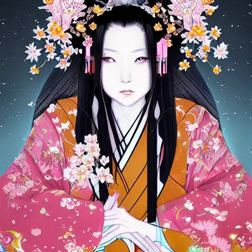 Image similar to portrait of the japanese moon princess kaguya hime with long flowing black hair wearing an ornate kimono with intricate floral patterns, touhou character illustration by ross tran, bo chen, toni infante, rebecca oborn, michael whelan, trending on artstation cgsociety hq