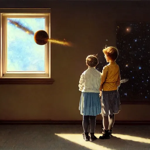 Prompt: a 1 2 year old boy and 1 0 year old girl looking at a wall and viewing the universe full of galaxies, part by norman rockwell, part by greg rutkowski, part by mattias adolfsson, high angle, ( ( ( ( volumetric lighting ) ) ) ), oil on canvas - 7 6 8