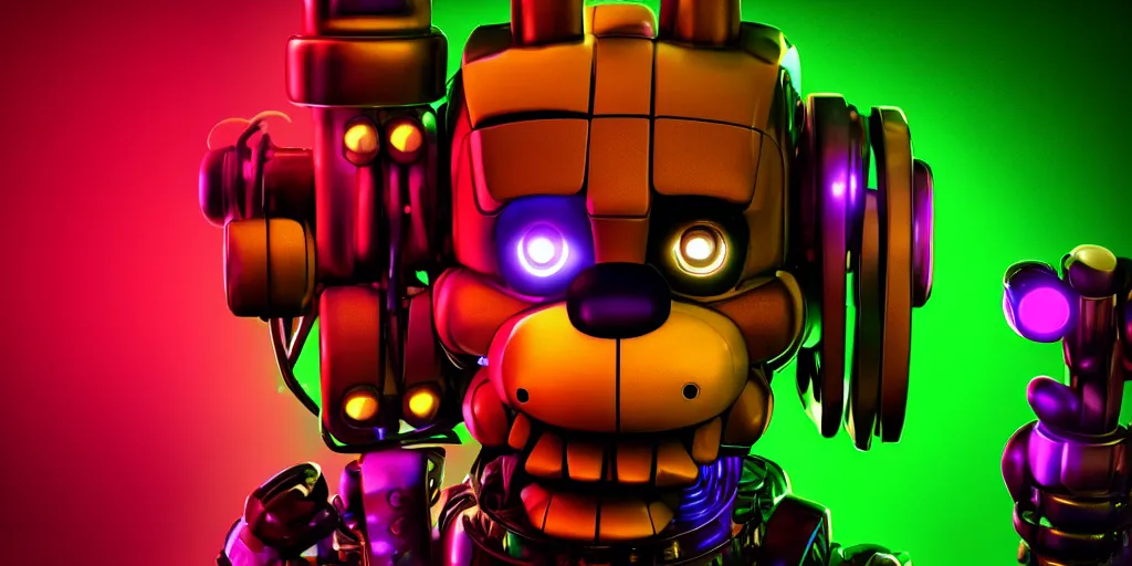 Image similar to fnaf freddy, cyberpunk, rgb, neon, hd, cinematic,