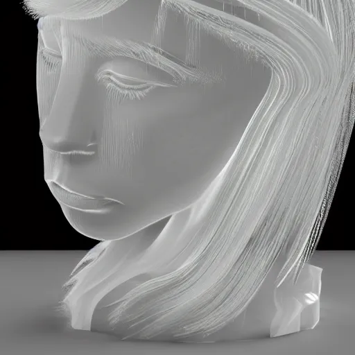 Prompt: refracting irredentist translucent!! ice sculpture of hair! resting on a beautiful!! marble female wig stand, cinema 4 d sharp focus