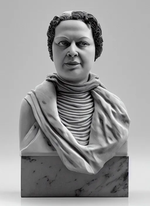 Prompt: an orthographic bust white marble sculpture of um kulthum, by Wes Anderson