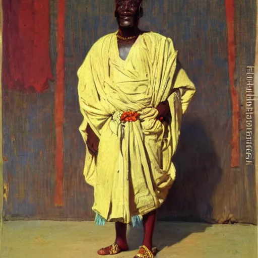 Image similar to portrait of king of dahomey outdoors dressed in airy benin toga and sandals, 1905, brightly coloured oil on canvas, by ilya repin