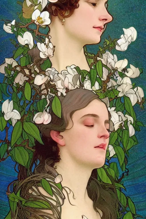 Prompt: a goddess of magnolias, queen of the garden!!, meditating in nature!!!! with a beautiful symmetrical face!!! cinematic lightning, isolated, studio lighting by alphonse mucha and tom bagshaw