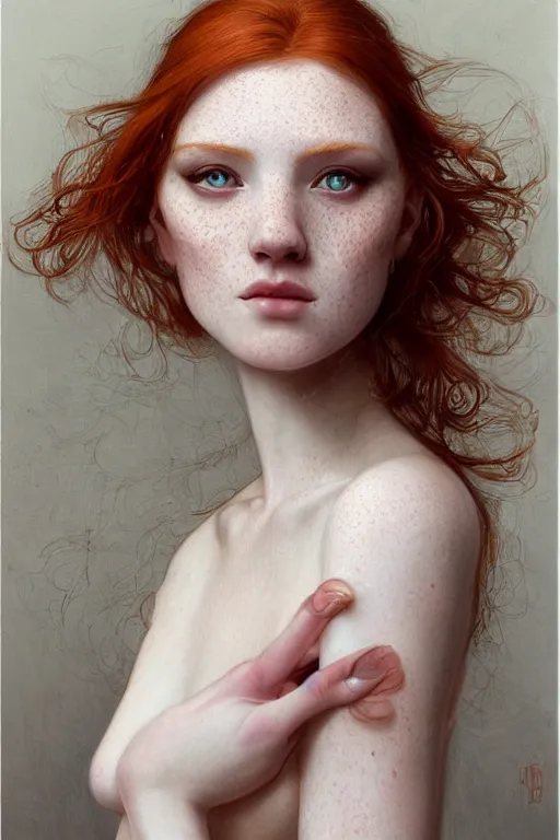 Prompt: photograph of a beautiful ginger girl with slight freckles, exquisite detail, hyper realism, ornate, voluptuous, exquisite detail, masterpiece, cute face, goth girl aesthetic, 4k, art by Donato Giancola and Bayard Wu and WLOP and Artgerm