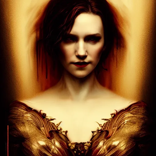 Image similar to majestic gracious regal aristocratic female vampire portrait, atmospheric lighting, painted, curvy, tempestuous, menacing, intricate, volumetric lighting, beautiful, rich deep colours masterpiece, golden hour, sharp focus, ultra detailed, by leesha hannigan, ross tran, thierry doizon, kai carpenter, ignacio fernandez rios