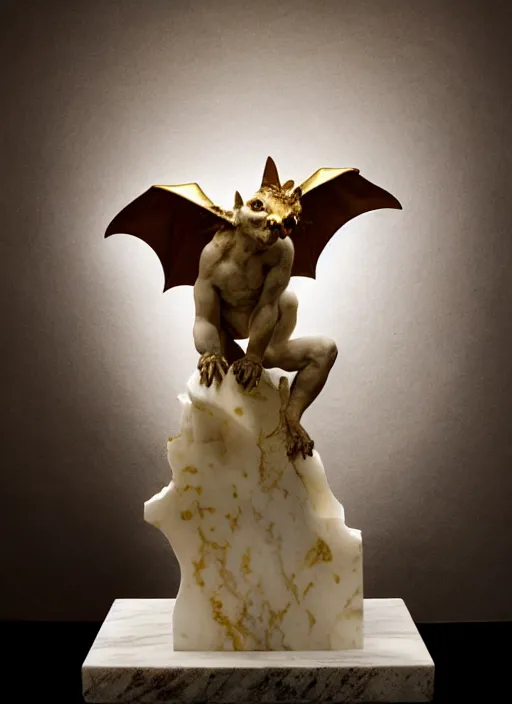 Prompt: marble statue of a vampire bat, cracks filled with gold, beautiful studio lighting