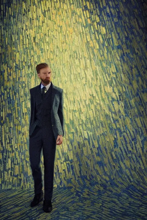 Prompt: unreal engine of 3 piece suit designed by Vincent van Gogh, stylish, creative fashion, ethereal lighting, dramatic