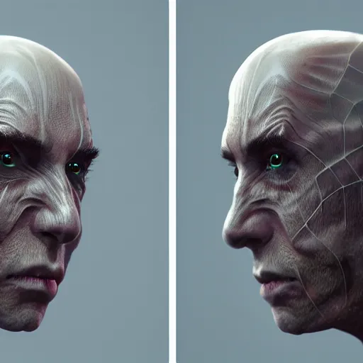 Prompt: hr giger and beeple and artgerm 3 d render of a man with fractal spiderwebs all over his face, detailed, reflections, realistic, unreal engine, cgsociety