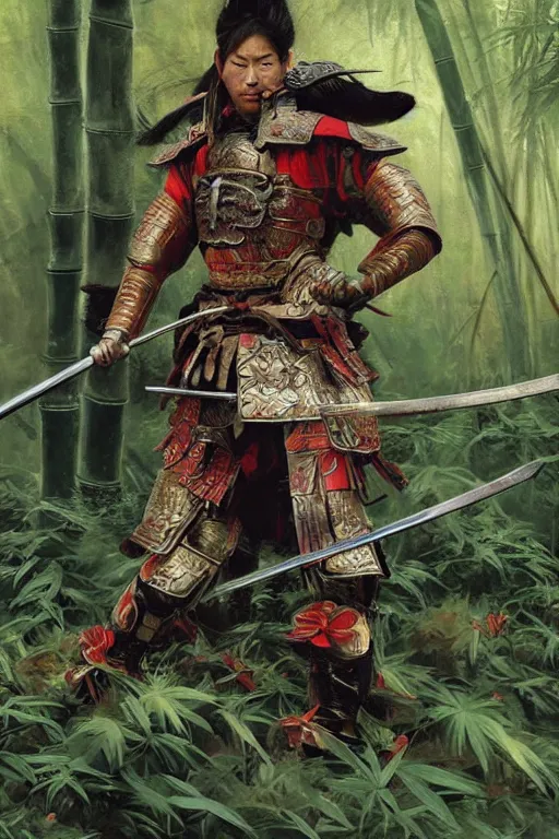 Image similar to close up of samurai warrior in full armor, in a bamboo forest, by huang guangjian and gil elvgren, sachin teng, greg manchess