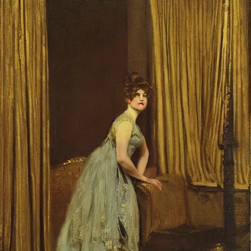 Image similar to a theatre actress waiting behind the curtain, by alfred stevens