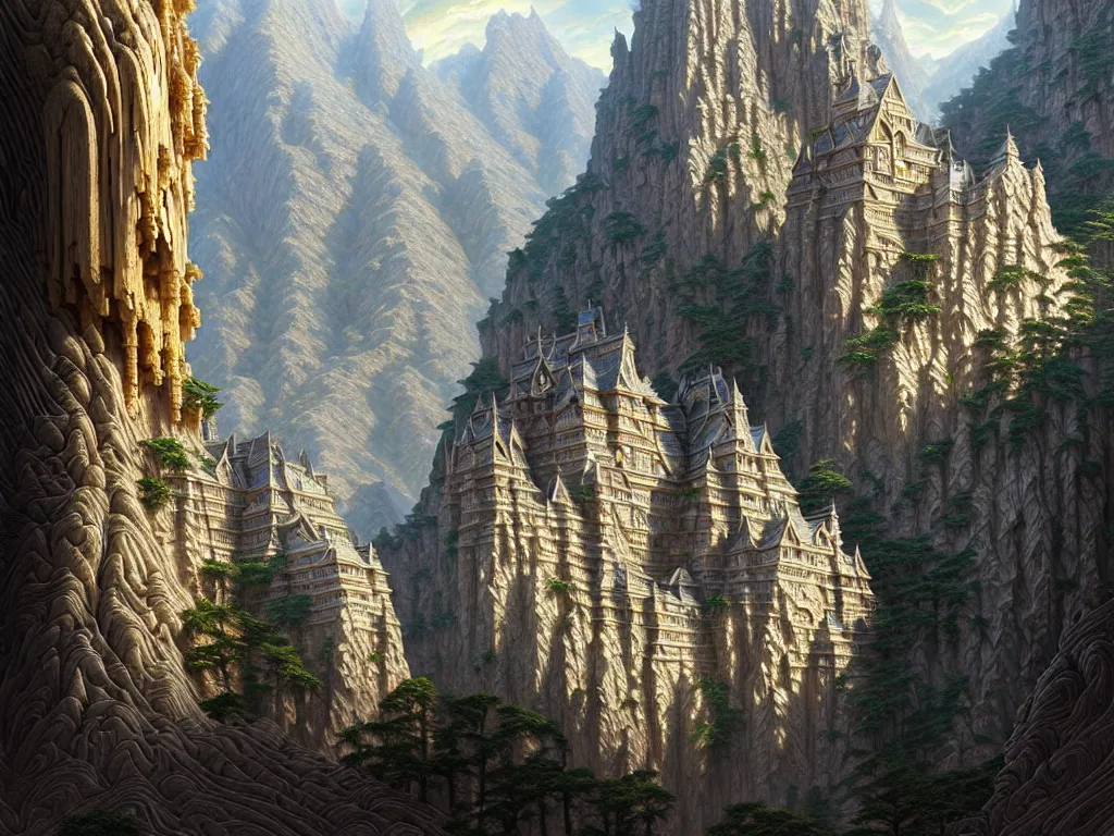 Prompt: ultra detailed, fractal cityscape carved into mountain wall, intricate details, elegant, super highly detailed, professional digital painting, artstation, concept art, smooth, sharp focus, no blur, no dof, extreme illustration, Unreal Engine 5, Photorealism, 8k, cinematic, art by artgerm and greg rutkowski and alphonse mucha and loish and WLOP