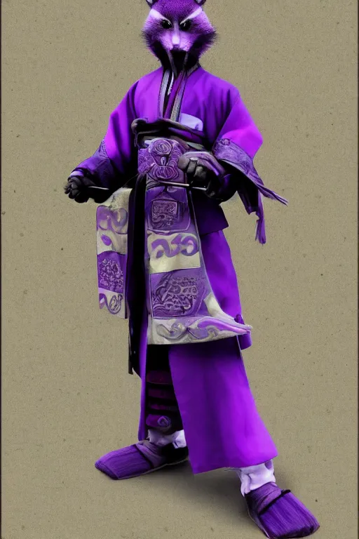 Image similar to purple samurai raccon in the style ofukiyo-e