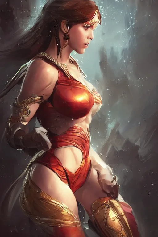 Image similar to three quarters portrait pose of a beautiful woman, strong body,super heroine costume,super powers, fantasy, intricate, elegant, highly detailed, digital painting, artstation, concept art,shining, sharp focus, illustration, art by Stanley Lau