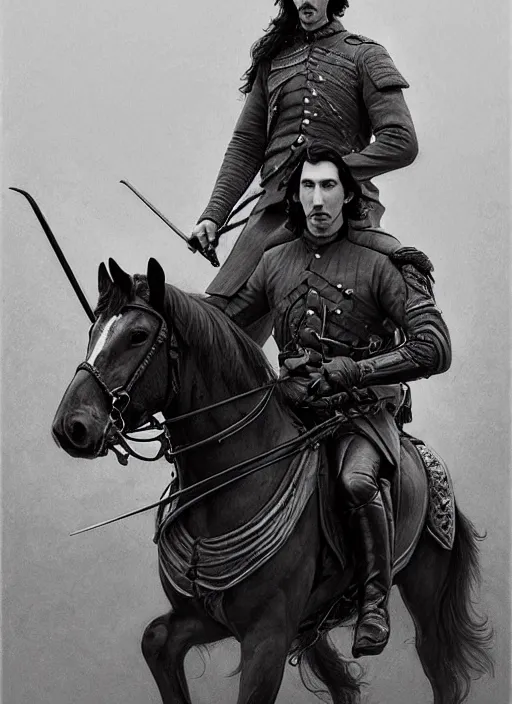 Image similar to painting of john oliver and adam driver together, riding horse, stoic, full body, military uniform, fantasy, intricate, elegant, beautiful, highly detailed, charcoal, centered, dark, smokey, digital painting, artstation, concept art, smooth, sharp focus, illustration, art by artgerm and greg rutkowski and alphonse mucha