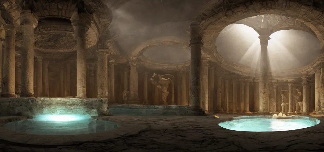 Image similar to dramatic view of underground roman cistern, glowing pool of water, ancient marble statues, unreal engine, dramatic lighting, detailed, ambient occlusion, global illumination, god rays, 3 d artstation render by greg rutowski and jessica rossier