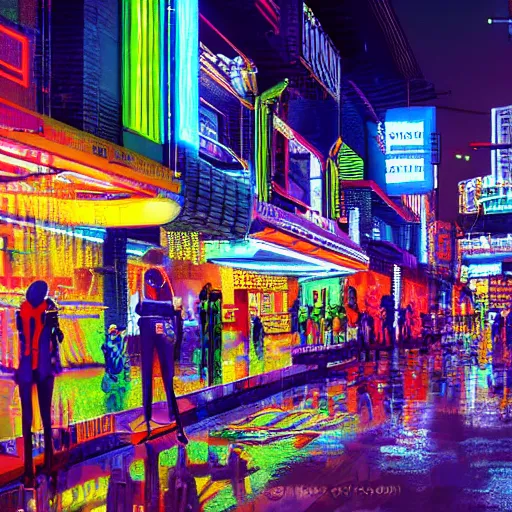 Image similar to ndebele cyberpunk city of the future, bustling street scene, ndebele neon lights, ndebele fashion, high definition, detailed, futuristic, night scene, realistic