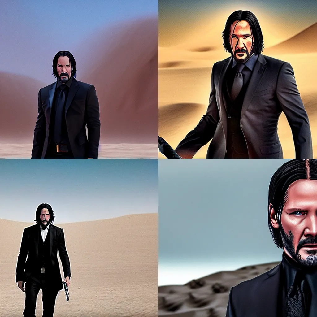 Prompt: John Wick, dune, blue-eyes, ice, double moon, sandstorm in the background