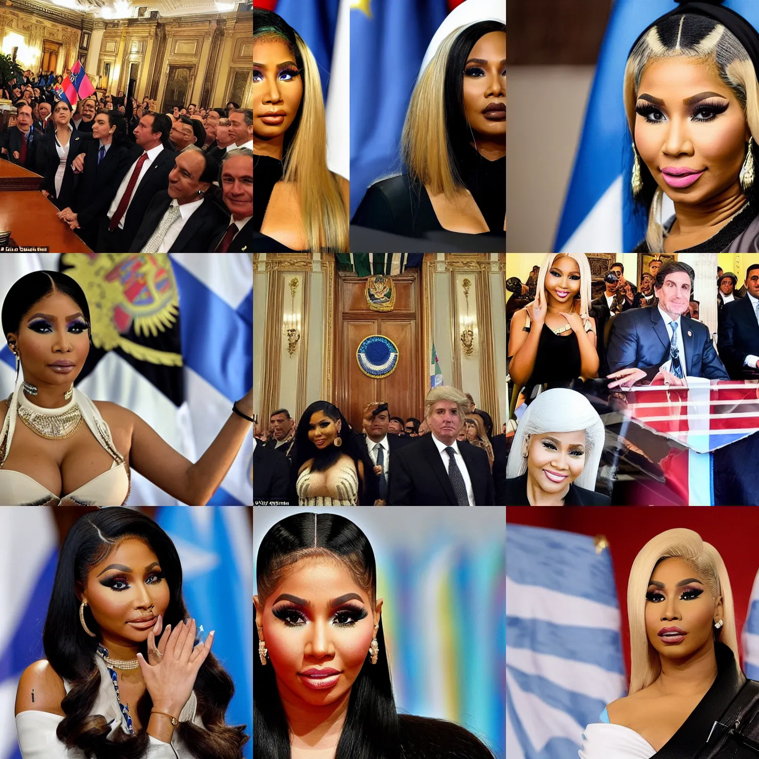 Prompt: Nicki Minaj detailed face president of Argentina, in the Argentine Congress, flags of Argentina behind
