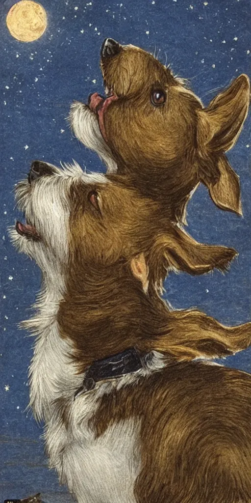 Image similar to portrait of jack russel dog looking up and howling with mouth open sad, night sky, highly detailed, side view, illustrated by peggy fortnum and beatrix potter and sir john tenniel