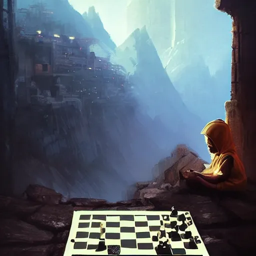 Image similar to cyberpunk baby playing chess at the top of a cliff monastery monks greg rutkowski