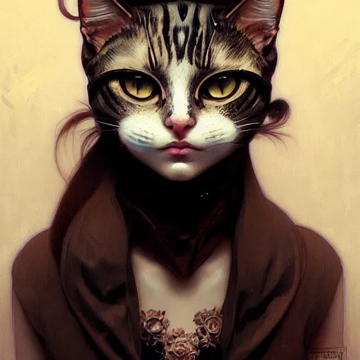 Image similar to Girl wearing a cat mask, face, detailed, intricate, elegant, highly detailed, digital painting, artstation, concept art, smooth, sharp focus, illustration, art by Krenz Cushart and Artem Demura and alphonse mucha